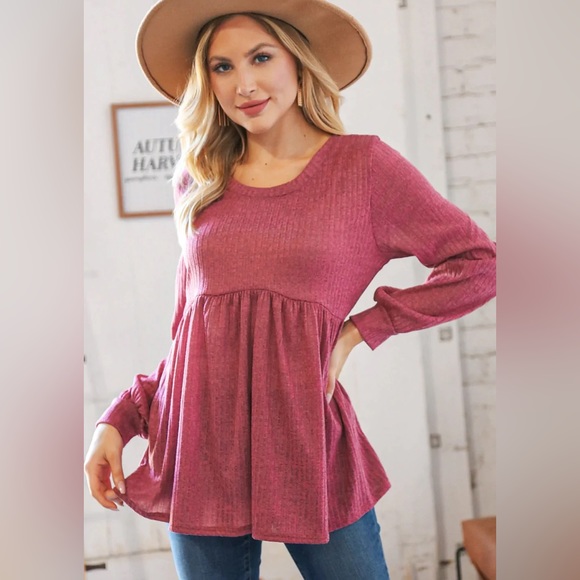 New Mauve peplum babydoll ribbed boutique fashion top, M-L - Picture 2 of 3